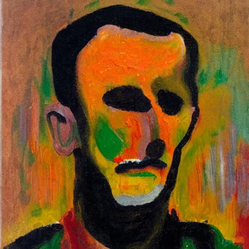 Image similar to an expressionism face portrait of the Gman used with Impasto, dark oranges reds and yellows, note detailed