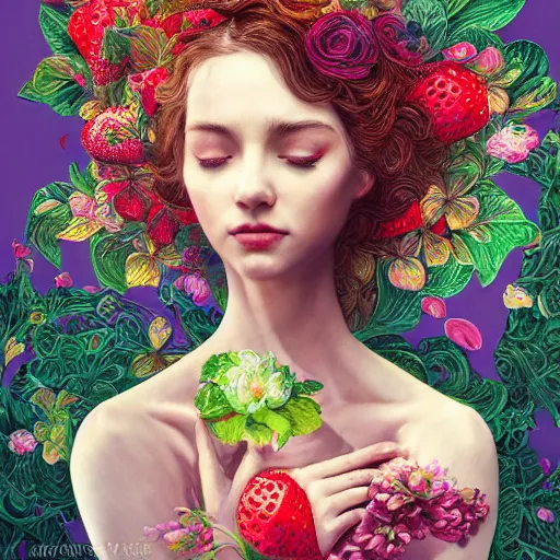 Prompt: the portrait of an absurdly beautiful, graceful, elegant, sophisticated woman made of strawberries and green petals, an ultrafine hyperdetailed illustration by james jean, kim jung gi, irakli nadar, intricate linework, bright colors, octopath traveler, final fantasy, unreal engine 5 highly rendered, global illumination, radiant light, detailed and intricate environment