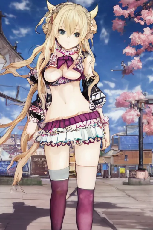 Image similar to junko enoshima, a gyaru model with long thick blonde pigtails, villainess, character design by Akihiko Yoshida in the style of Atelier Lulua, KyoAni, Granblue Fantasy, background art by Krenz Cushart in the style of Atelier Firis, Space Dandy, K-ON, illustration by Masamune Shirow in the style of Shining Resonance, Guilty Crown, Last Exile