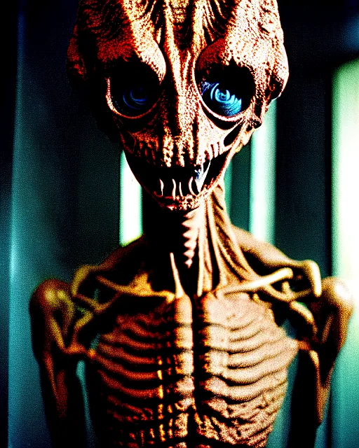 Image similar to Color photo of a scary humanoid alien with large black eyes and reptilian facial features, inside area 51, by Paolo Sorrentino, cinestill 800t 35mm, high quality, high textured, dramatic light, cinematic,