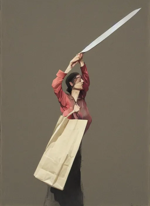 Image similar to woman flying with a paper bag over the head and a sward, Ben Ridgway, highly detailed