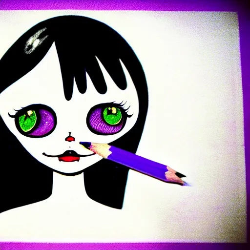 Prompt: pencil drawing of the coke logo personified as a soda themed girl in the style of the lavender towne, large creepy eyes, extremely detailed and colorful eyes, digital art, deviant art, soda themed girl, hyper detailed eyes, money sign pupils, tim burton, scratchy lines, junji ito, gorrilaz, her forehead has the coke logo burned into it