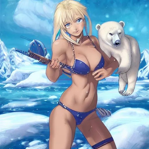 Image similar to bicolor - eyed blonde muscular anime girl warrior in bikini riding a polar bear in the snowy mountains background, epic fantasy digital painting, illustration by james jean and artgerm and mina petrovic and timothy kong and marina federovna, artstation