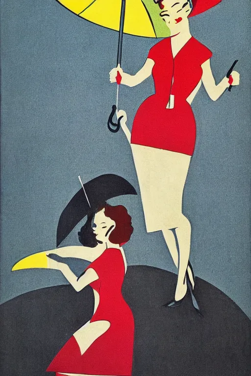 Prompt: mid century modern art 5 0 s atomic lady and umbrella by bernard simunovic