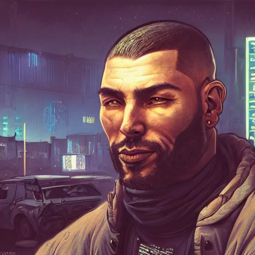 Image similar to A portrait of a cyberpunk thug guy on a parking lot in a Soviet slum on the moon, Norilsk, sci-fi, fantasy, intricate, very very beautiful, elegant, highly detailed, digital painting, artstation, concept art, smooth, sharp focus, illustration, art by artgerm and greg rutkowski and alphonse mucha and evgeny zubkov