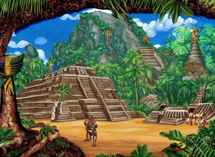 Image similar to Hand-painted Lucasarts background of a mayan temple in the middle of the jungle.