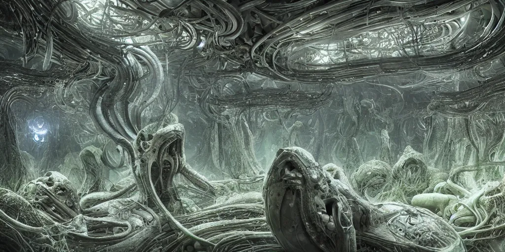 Prompt: an incredibly hyper realistic photorealistic organic world of irridescent beings in the style of h. r. giger by dr. seuss & erok johansson, cinematic colors, behance contest winner, global illumination, radiant light, detailed and intricate environment