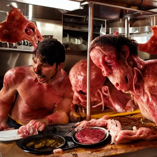 Image similar to human meat restaurant, horror, nightmare, cook, food, cooking