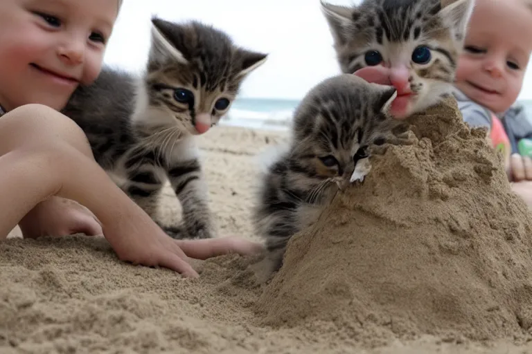 Prompt: kittens touching a sand castle