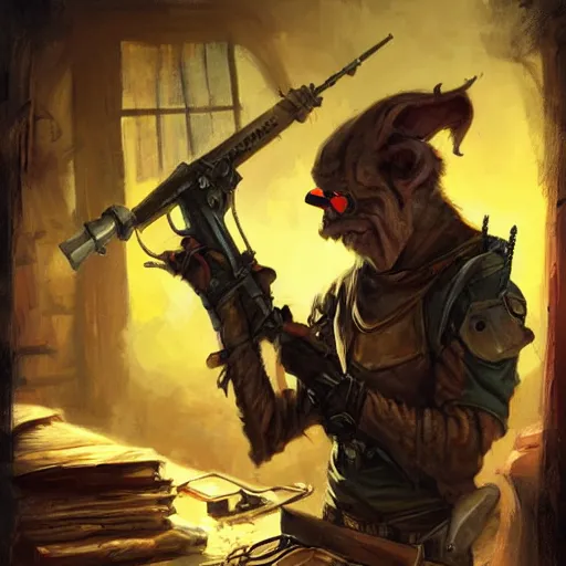 Image similar to goblin artificer tinkerer working on a makeshift rifle on a dusty workbench, cover of a Dungeons and Dragons book, art by Raymond Swanland