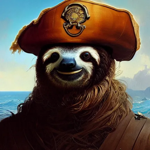 Image similar to Portrait of a Sloth as a Pirate, photo, highly detailed oil painting, photorealistic, highly detailed, digital painting, artstation, concept art, smooth, sharp focus, illustration, art by artgerm and greg rutkowski and alphonse mucha