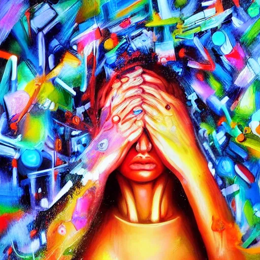 Image similar to the mind is overloaded by reality, humanity, introspection, sensory processing overload, trending, digital painting, oil painting marks, very award - winning