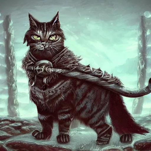 Prompt: photo of a viking cat, highly detailed, trending on ArtStation, magical Battlefield background, centered