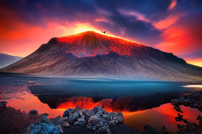 Image similar to amazing landscape photo of volcanic mountains with an eagle and lake in sunset by marc adamus beautiful dramatic lighting