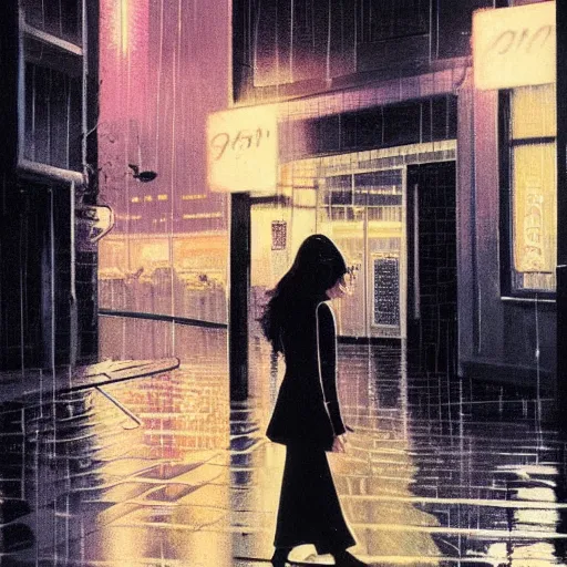 Prompt: ”Woman walking in rainy city street in the 1970s at night, by syd mead”