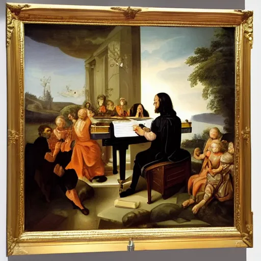 Prompt: baroque painting of johann sebastian bach playing the piano with his family in heaven