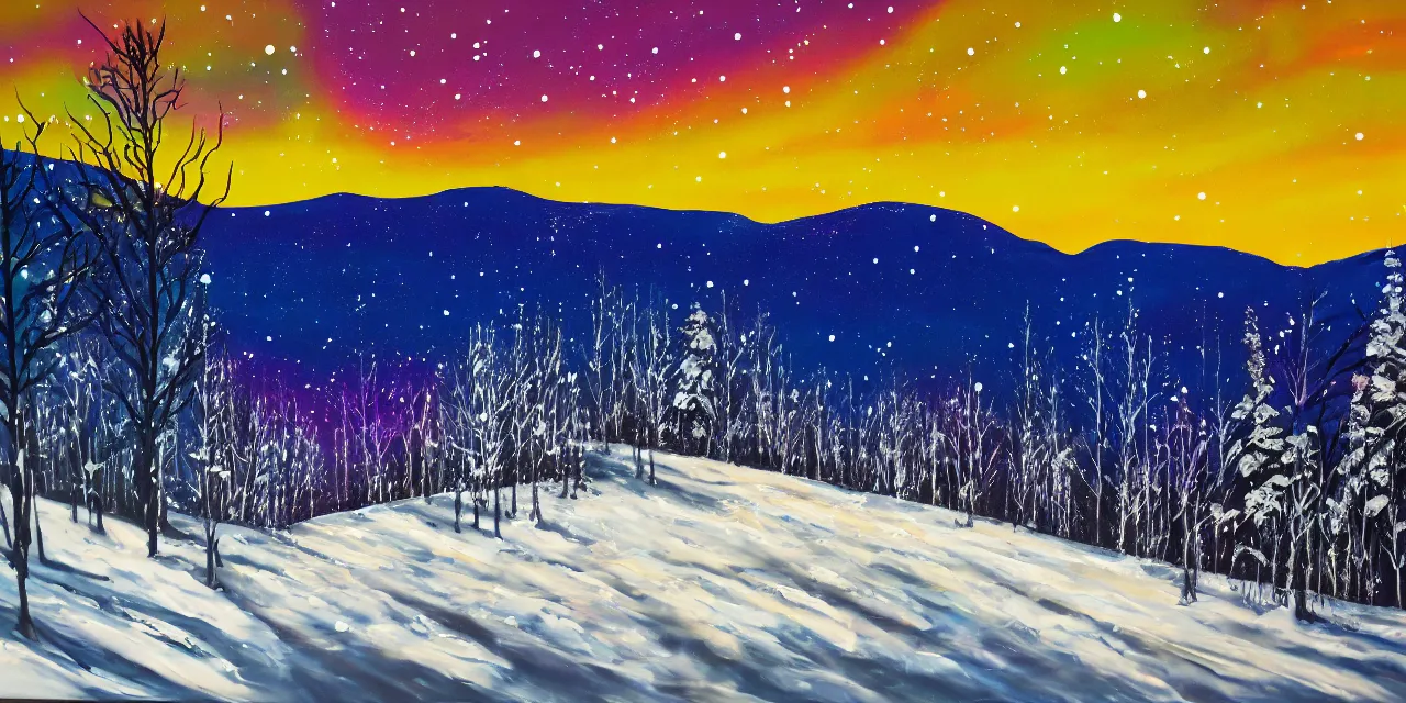 Image similar to acrylic pouring painting of the laurentian appalachian mountains in winter, unique, original and creative landscape, snowy night, distant town lights, aurora borealis, deers and ravens, footsteps in the snow, brilliant composition