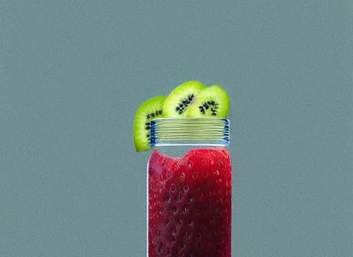 Prompt: ( ( dithered ) ), strawberries blueberries sliced kiwi sliced lemon inside a clear drinking bottle, isometric, modern art deco, mads berg, karolis strautniekas, christopher balaskas, stippled light, fog, moody, fine texture, editorial illustration, dramatic lighting, dynamic composition, detailed, matte print, muted color