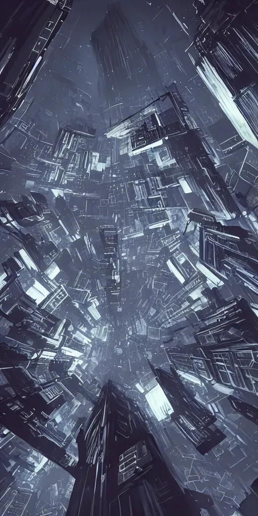 Image similar to wide angle, looking up at artificial megastructures, dystopian cyberspace, construct, landscape, concept art, brutalism, neon lights, in the style of BLAME!