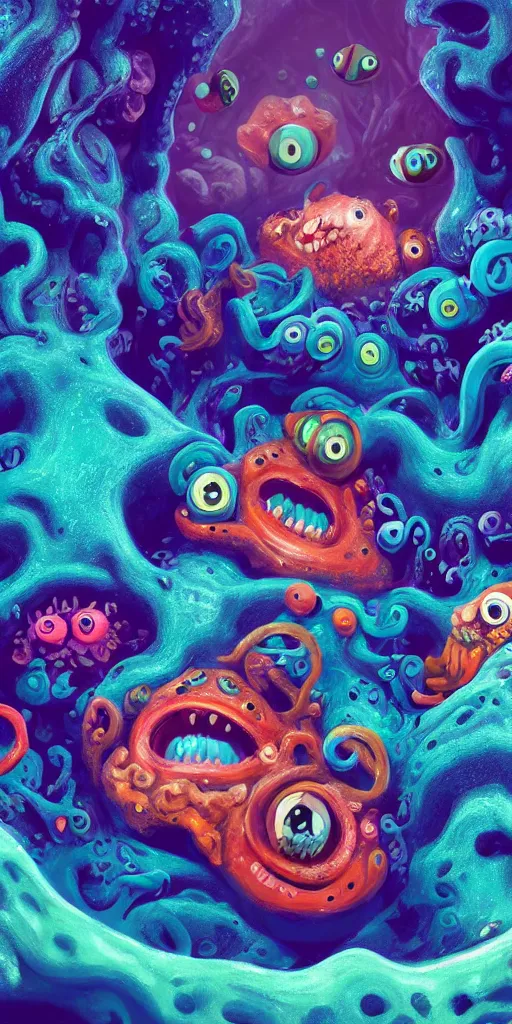 Image similar to of a colorful deep sea cave with strange cute friendly happy creatures with huge eyes, mouth, long tongue and round teeth appearing from sandy coral, in the style of gehry and gaudi, macro lens, shallow depth of field, ultra detailed, digital painting, trending artstation, concept art, illustration, cinematic lighting, photorealism, epic, octane render