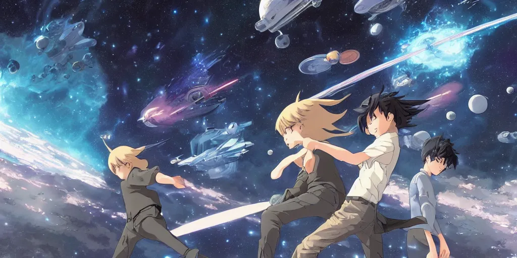 Prompt: intergalactic battle, art by makoto shinkai and alan bean, yukito kishiro