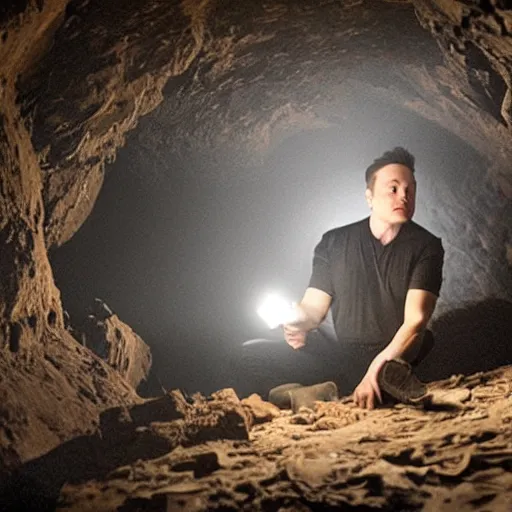 Prompt: Elon musk sitting in a dark cave eating batteries out of his flashlight, photorealistic