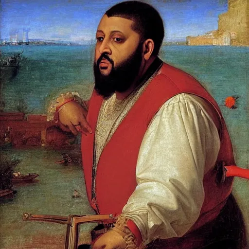 Image similar to renaissance portrait of DJ Khaled on a jetski in a river, masterpiece by Eugene de Blaas