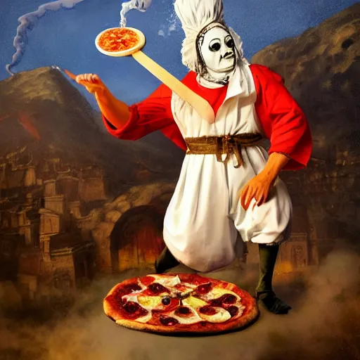 Prompt: a highly detailed pulcinella! with a pizza! margherita, full body, volcano in background, lava and smoke, ominous, detailed painting by arturo faldi, trending on deviantart, octane, masterpiece