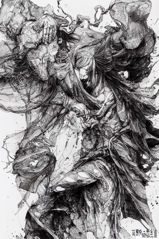 Image similar to the pieces of my heart shattered on the floor , pen and ink, intricate line drawings, by Yoshitaka Amano, Ruan Jia, Kentaro Miura, Artgerm, watercolor