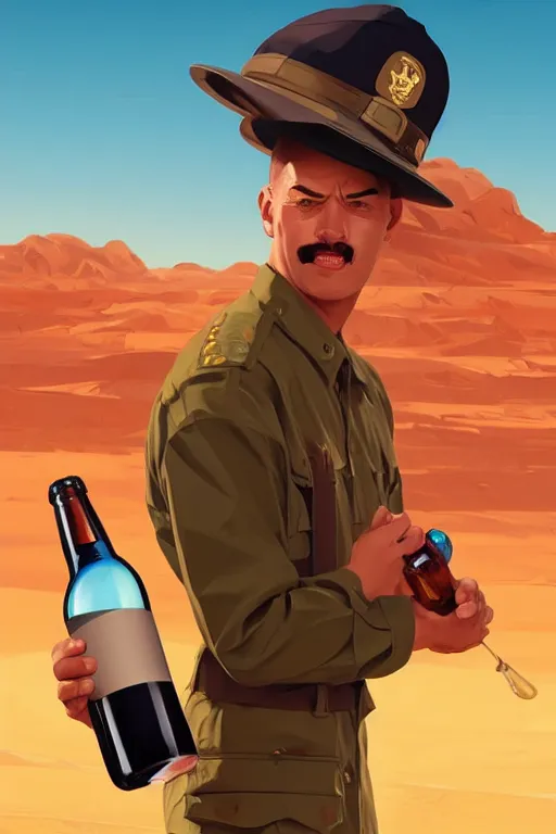 Image similar to funny drunk soldier with bottle in his hand in the desert, smooth face, centered median photoshop filter cutout vector behance hd by artgerm, jesper ejsing, by rhads, makoto shinkai and lois van baarle, ilya kuvshinov, rossdraws, illustration, art by ilya kuvshinov and gustav klimt