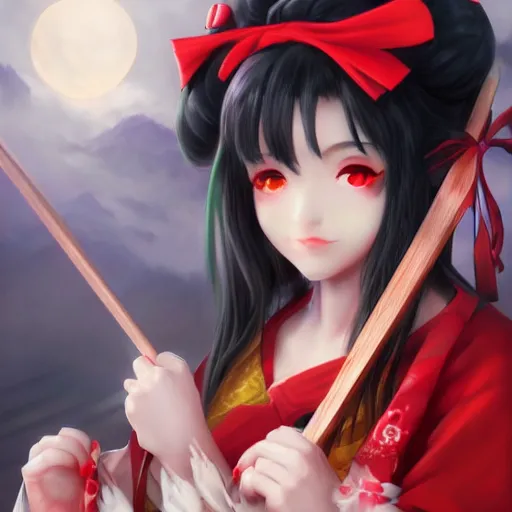 Prompt: reimu hakurei, shrine maiden from touhou, matte painting by artgerm, artstation, beautiful, stunning, perfect face