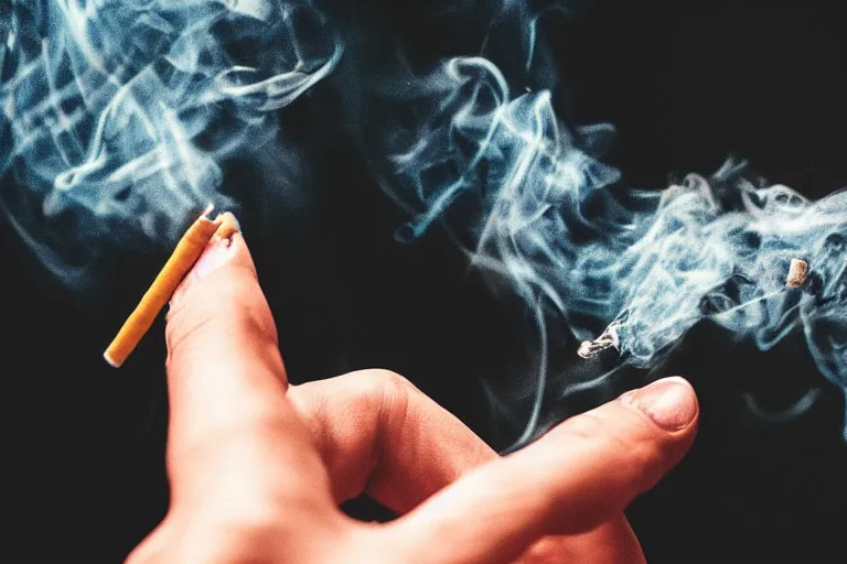 Image similar to Close-up of thin soft hand holding cigarette, with smoke, hand with five fingers, hyper realistic, high details, photo, super resolution