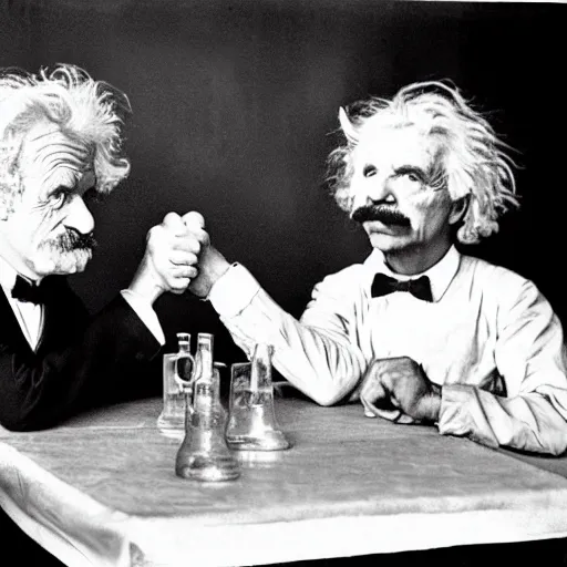 Prompt: Historical technicolor photograph, 350mm, arm wrestling match between Mark Twain and Albert Einstein