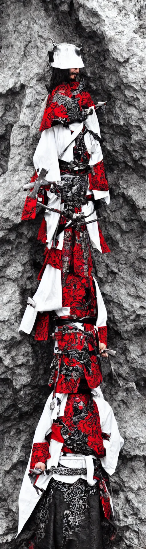 Image similar to samurai cloaked in white with swords, standing in light beam of a dark cave, ruby red sorrow, high quality, ultra detail,