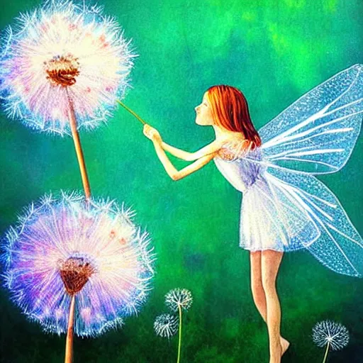 Prompt: a beautiful fairytale painting of a dandelion seed fairy