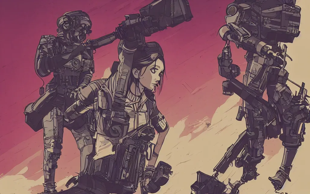 Prompt: very detailed, prophet graphic novel, ilya kuvshinov, mcbess, rutkowski, simon roy, illustration of a cyberpunk military woman, colorful, cinematic composition, studio lighting