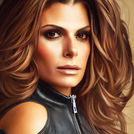 Image similar to portrait of maria menounos wearing a skintight leather jacket!!, intricate, elegant, highly detailed, digital painting, artstation, concept art, smooth, sharp focus, illustration, art by artgerm and greg rutkowski and alphonse mucha, 8 k