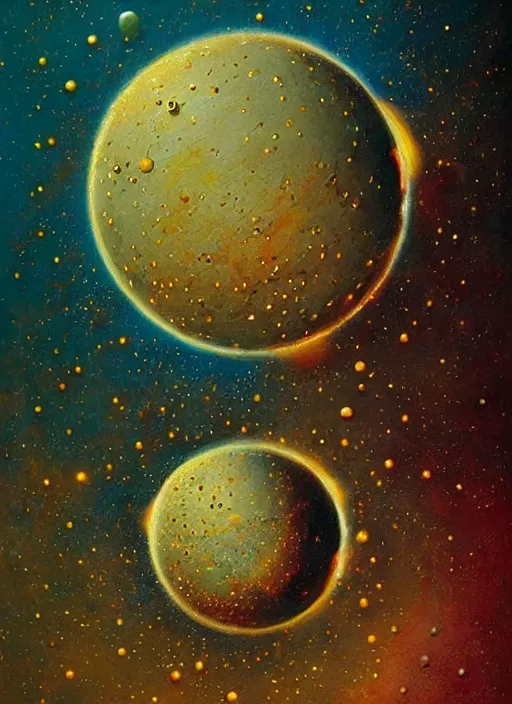 Image similar to spheres being covered by extremely detailed splatters of abstract gold paint, planets and moons engulfed in flames in the style of, pascal blanche, surreal, beksinski, high detailed