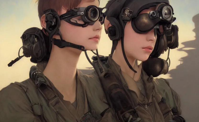 Image similar to a flying girl, fused aircraft parts, military pilot clothing, combat goggles, anime style, short hair, hair down, symmetrical facial features, from arknights, hyper realistic, 4 k, rule of thirds, extreme detail, detailed drawing, trending artstation, hd, realistic lighting, by alphonse mucha, greg rutkowski, shoulder eyes, backlit