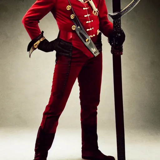 Image similar to photo of elon musk as a musketeer, he has a big black hat with a red feather, he is holding a shiny rapier sword and he is looking straight to the camera, studio lighting