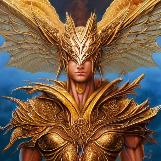 Image similar to a beautiful symmetrical muscular full body wearing a dragon armor with wings made of golden ornaments and gems, by alex gray and android jones , Karol Bak, Ayami Kojima, Amano , concept art, character design, fantasy,3D, 8k resolution