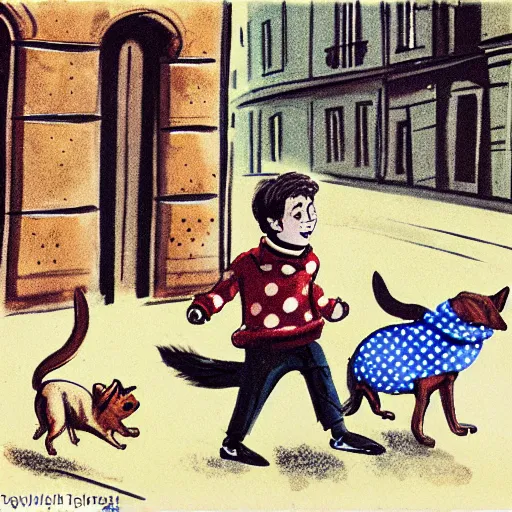 Image similar to book illustration of a french boy on the streets of paris playing football against a corgi, the dog is wearing a polka dot scarf, 1 9 6 6