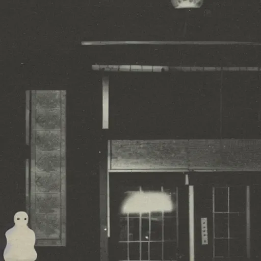 Image similar to vintage photograph of a ghost spotted inside a Japanese tea house, view from the street, nighttime