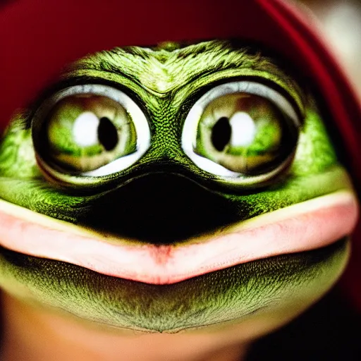 Image similar to A portrait of pepe the frog, perfect faces, 50 mm, award winning photography