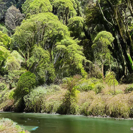 Image similar to From the pa we pulled up the Waiwhetu River, which there had lofty Rimu trees on its banks. The various bends were very beautiful and secluded, and seemed to be the home of the grey duck and teal, and numerous other wild fowl. Here and there, on the bank, was a patch of cultivation, and the luxuriant growth of potatoes, taros, and. Kumara, indicated the richness of the soil. As seen from the ship, or the hills, a lofty pine wood appeared to occupy the whole breadth and length of the Hutt Valley, broken only by the stream and its stony margin. This wood commenced about a mile from the sea, the intervening space being a sandy flat and a flax marsh. About the Lower Hutt and the Taita, it required a good axe-man to clear in a day a space large enough to pitch a tent upon. New Zealand. Aerial photography. Sunset, misty, wilderness.