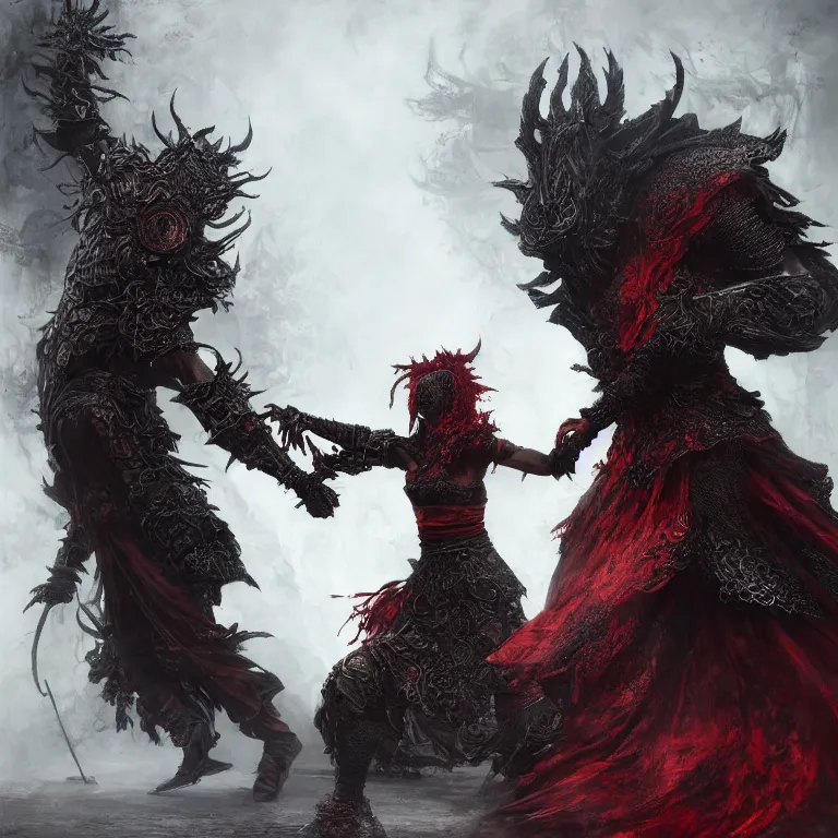 Image similar to dance of black man and a female red devil, Dark Souls 3 themed, in style of Ruan Jia, insanely detailed and intricate, elegant, ornate, luxury, elite, matte painting, cinematic, cgsociety, James jean, Brian froud, ross tran, Laputa