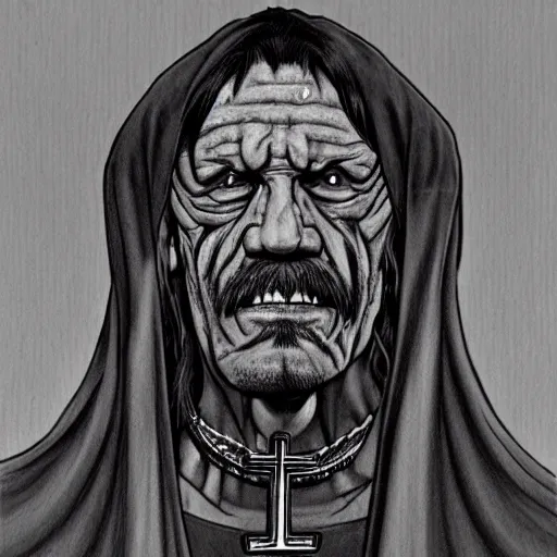 Image similar to Danny Trejo as church nun, dark fantasy, highly detailed, artstation, manga illustration by Kentaro Miura berserk