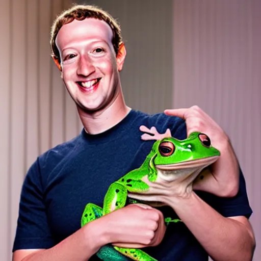 Prompt: mark zuckerberg holding his pet frog looking at the camera