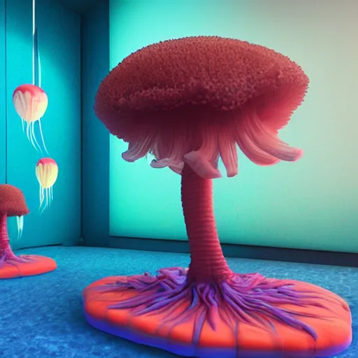 Image similar to photo of the modern room as aquarium with a big jellyfish and corals, realistic colors, realistic shadows, daylight made in blender, 3 d by beeple and damian hirst