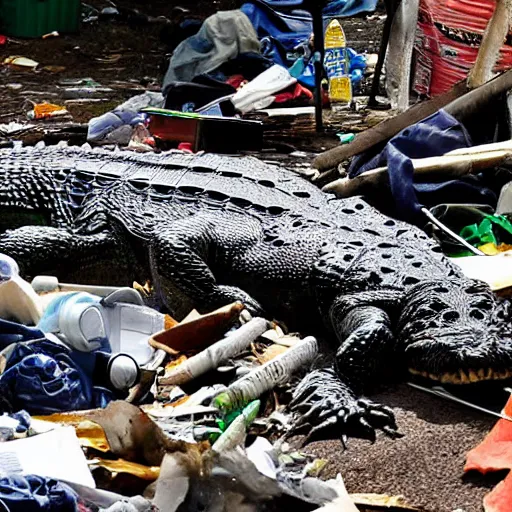 Prompt: one large alligator on a leash sleeping next to a very large mound of trash, papers, junk, and metal parts